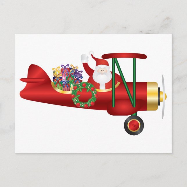 Santa Claus agitant sur Biplane avec carte postale (Devant)