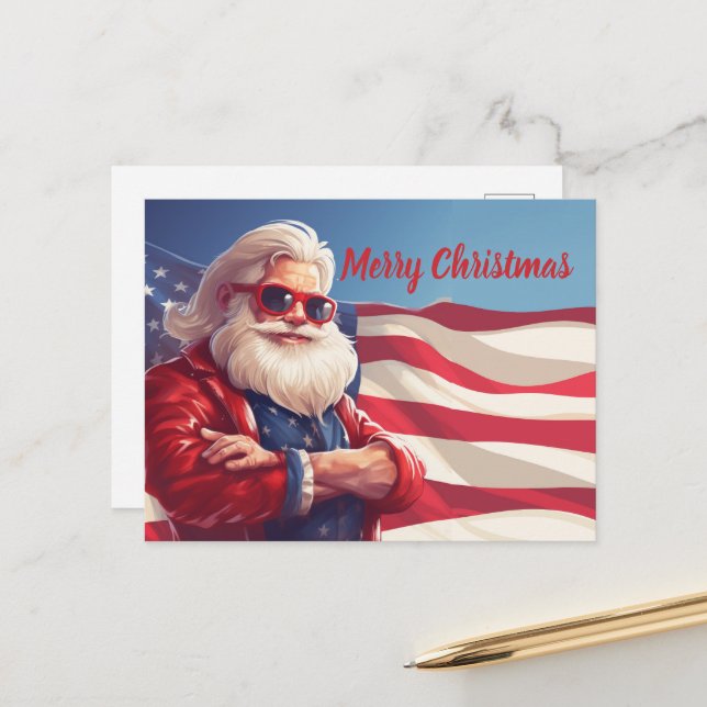 Santa Claus American Flag Postcard (Front/Back In Situ)