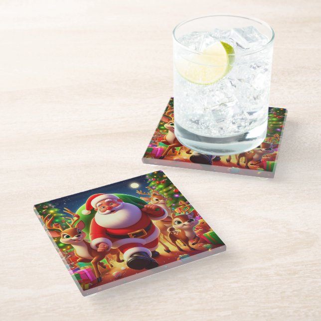 Santa Claus and 2 reindeer illustration Glass Coaster (Angled)