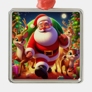 Santa Claus and 2 reindeer illustration Metal Ornament