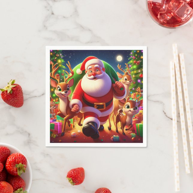 Santa Claus and 2 reindeer illustration Napkin (Insitu)