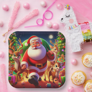 Santa Claus and 2 reindeer illustration Paper Plate