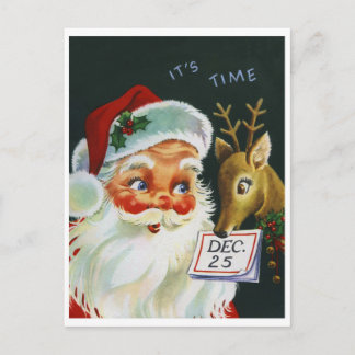 Santa Claus and a reindeer with calendar, vintage Postcard