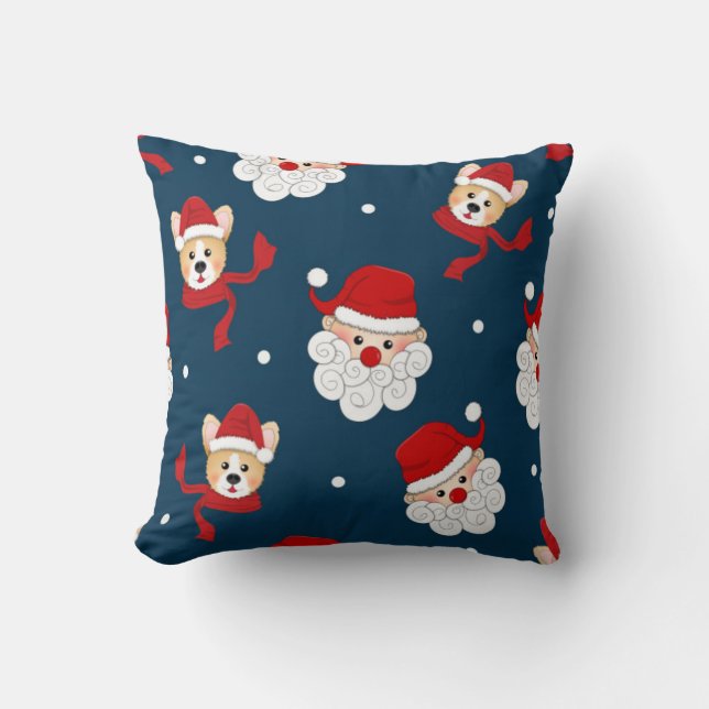 Santa Claus and Corgi Pattern Throw Pillow (Front)