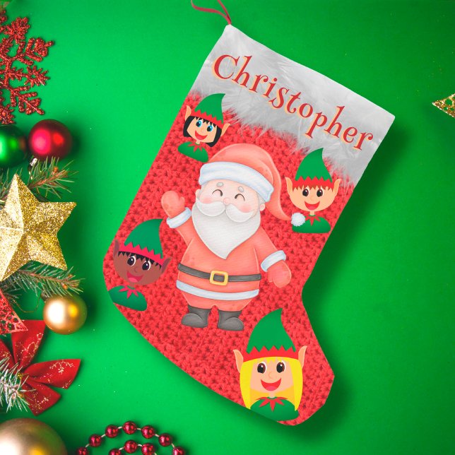 Santa Claus and Elf saying Hi cute adorable name Small Christmas Stocking (Creator Uploaded)