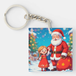 Santa Claus and Girl with a Gift Bag Keychain