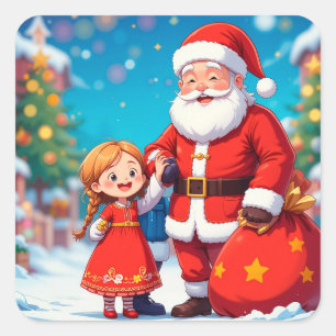 Santa Claus and Girl with a Gift Bag Square Sticker