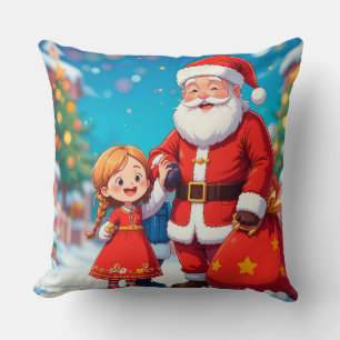 Santa Claus and Girl with a Gift Bag Throw Pillow