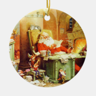 Santa Claus and His Elves Check His List Ceramic Ornament