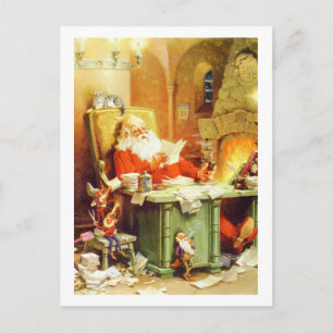 Santa Claus and His Elves Check His List Holiday Postcard