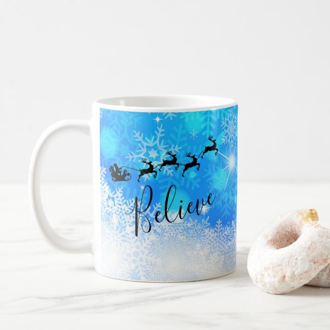 Santa Claus and his Flying Reindeer - Believe Coffee Mug (With Donut)