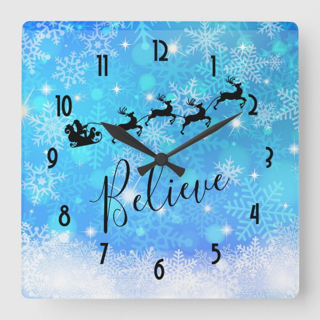 Santa Claus and his Flying Reindeer - Believe Square Wall Clock (Front)