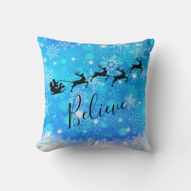 Santa Claus and his Flying Reindeer - Believe Throw Pillow (Front)