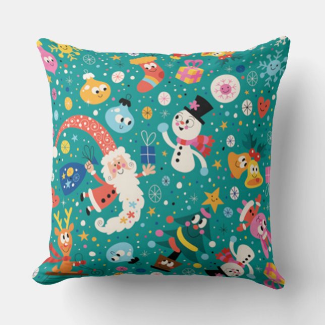 Santa Claus and His Merry Friends Throw Pillow (Front)