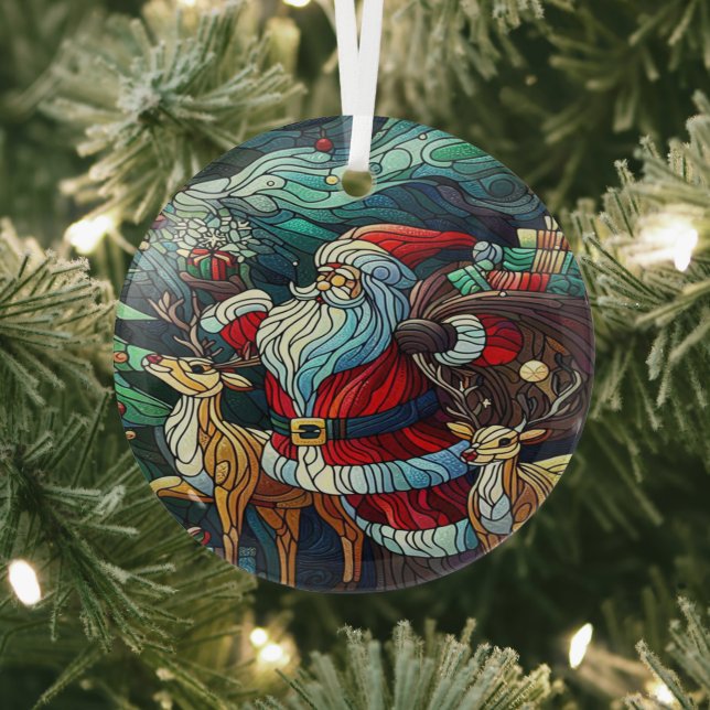 Santa Claus and His Reindeer Bearing Gifts Glass Ornament (Insitu)