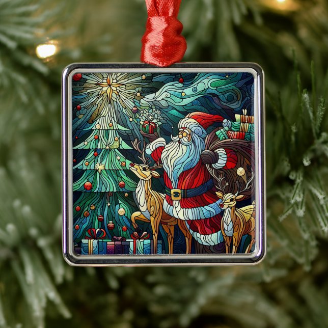 Santa Claus and His Reindeer Bearing Gifts Metal Ornament (Tree)