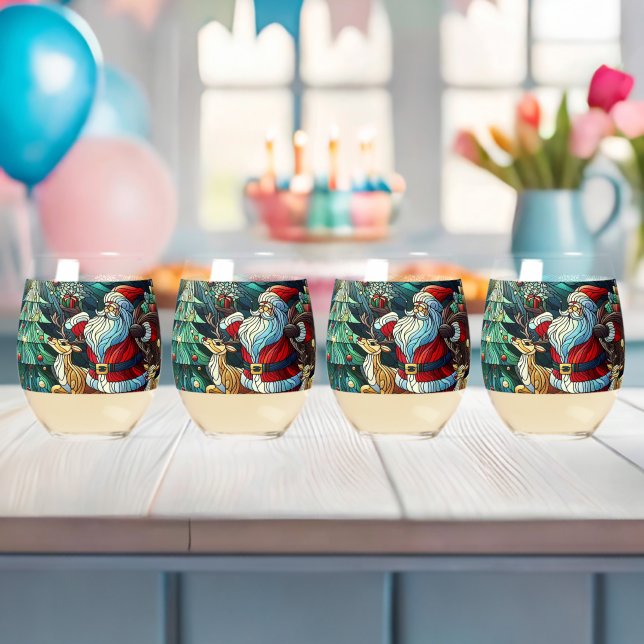 Santa Claus and His Reindeer Bearing Gifts Stemless Wine Glass (Insitu (Baby Shower))
