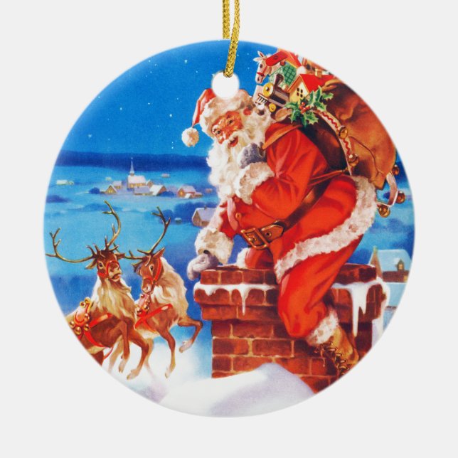 Santa Claus and His Reindeer Up On the Rooftop Ceramic Ornament (Front)