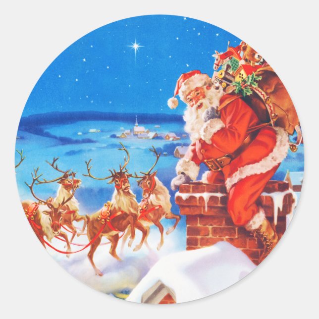 Santa Claus and his Reindeer Up on the Rooftop Classic Round Sticker (Front)