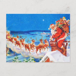 Santa Claus and his Reindeer Up on the Rooftop Holiday Postcard