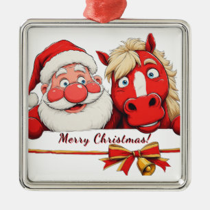Santa Claus and Horse Sharing Festive Cheer Metal Ornament