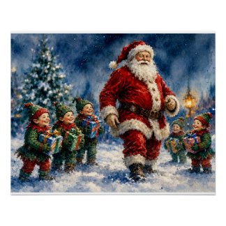 Santa Claus and Joyful Christmas Elves, Poster