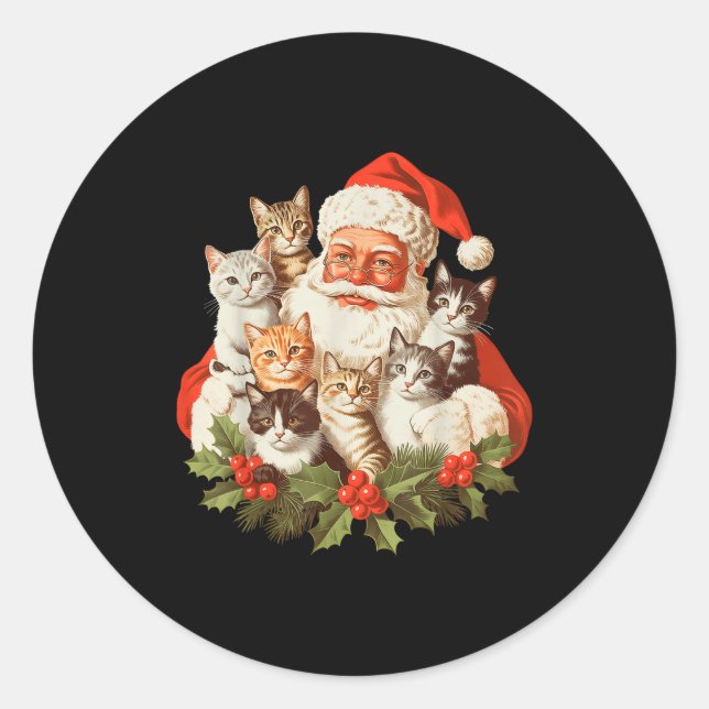 Santa Claus And Kittens Cats Christmas  Classic Round Sticker (Front)