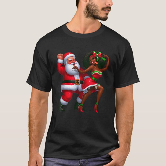 Santa Claus and Mrs Claus Dancing Melanin Christma T-Shirt (Front)