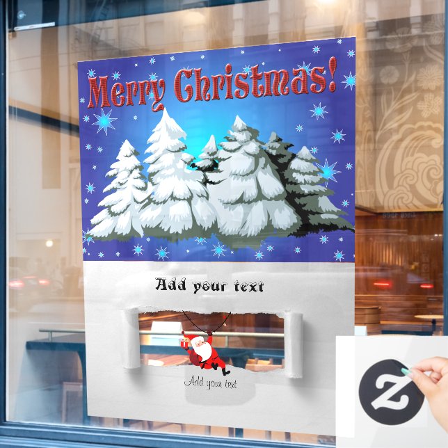 Santa Claus and Pine Trees with Snow Illustration Window Cling (Cafe Window)