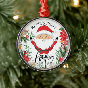 Santa Claus and Poinsettia Baby's First Christmas Metal Ornament