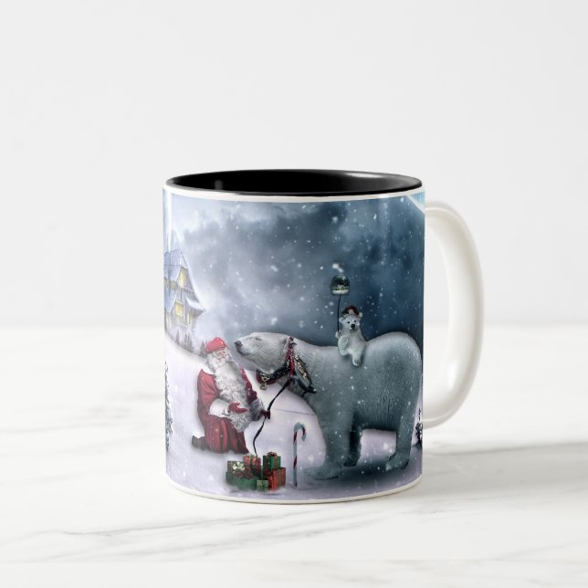 Santa Claus and Polar Bear Two-Tone Coffee Mug (Front Right)