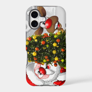 Santa claus and reindeer behind a christmas tree.j