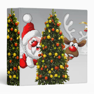 Santa claus and reindeer behind a christmas tree.j binder