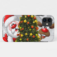 Santa claus and reindeer behind a christmas tree.j