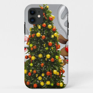 Santa claus and reindeer behind a christmas tree.j iPhone 11 case