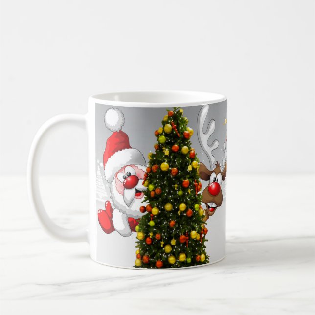 Santa claus and reindeer behind a christmas tree.j coffee mug (Left)