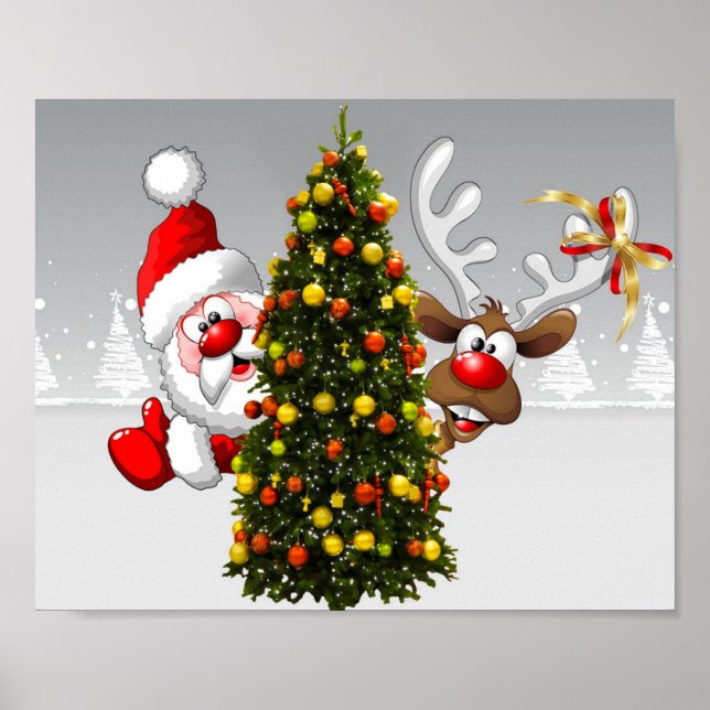 Santa claus and reindeer behind a christmas tree.j poster (Front)