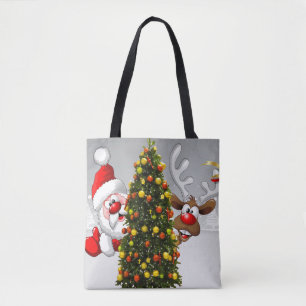 Santa claus and reindeer behind a christmas tree.j tote bag
