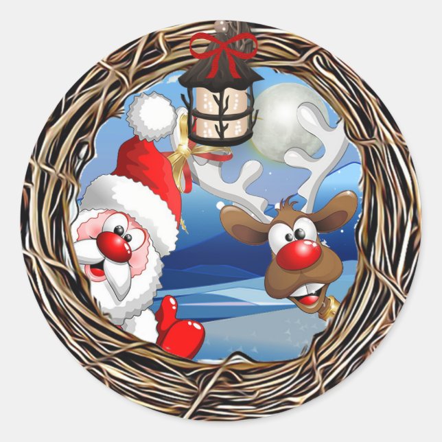 Santa Claus and Reindeer Christmas Classic Round Sticker (Front)