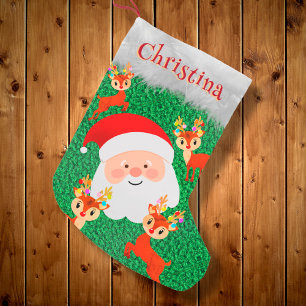 Santa Claus and Reindeer cute personalized name Small Christmas Stocking