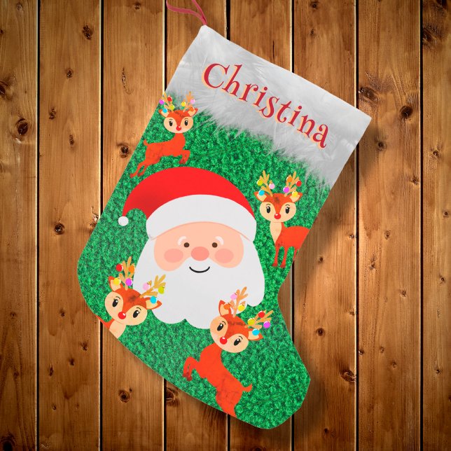 Santa Claus and Reindeer cute personalized name Small Christmas Stocking (Creator Uploaded)