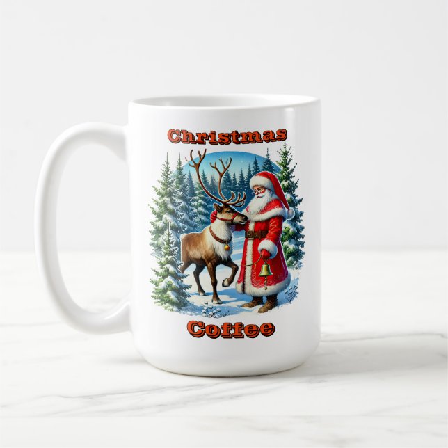 Santa Claus and Reindeer in a Snowy Forest Coffee Mug (Left)