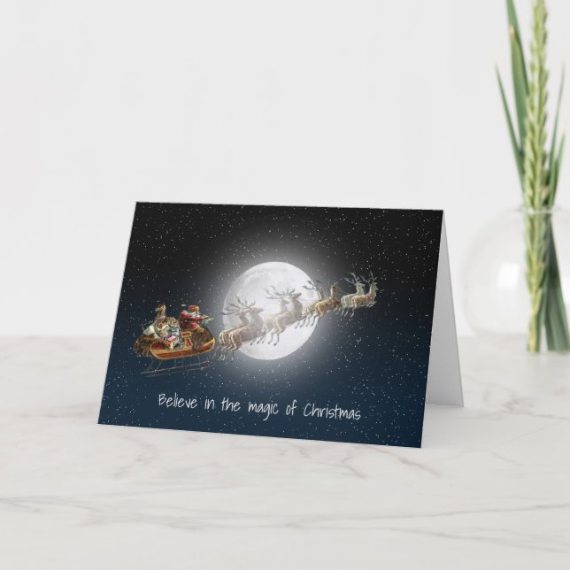 Santa Claus and reindeer in moonlight Holiday Card (Front)