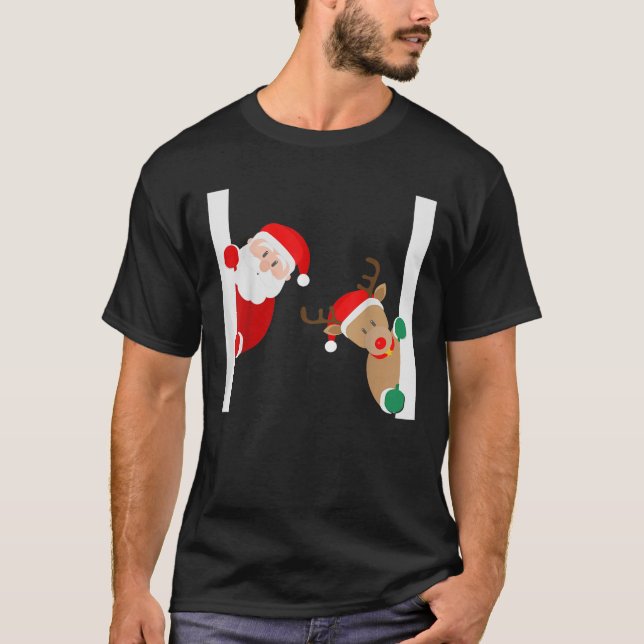 Santa Claus and Reindeer Merry Christmas and Happy T-Shirt (Front)