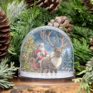 Santa Claus and Reindeer Vintage Christmas  Snowglobe