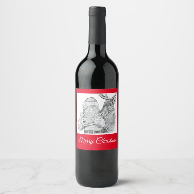 Santa Claus and Reindeer Wine Label (Front)