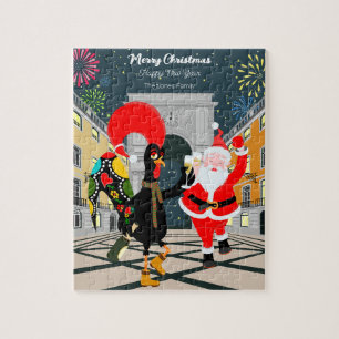 Santa Claus and Rooster Champagne Toast to New Yea Jigsaw Puzzle
