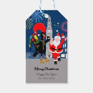 Santa Claus and Rooster toast to the New Year Gift Tags