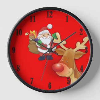 Santa Claus and Rudolph Christmas Red Wall Clock