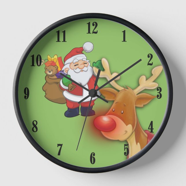Santa Claus and Rudolph Christmas Wall Clock (Front)